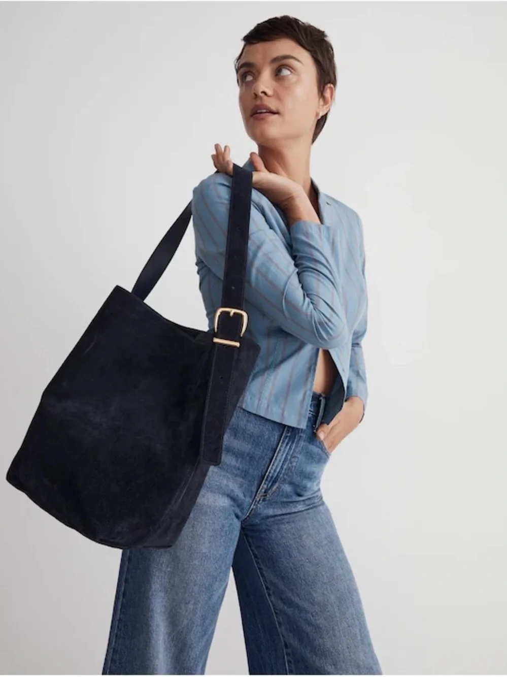Madewell Classic Blue Suede Shoulder Tote - Bucket Bag, NWT